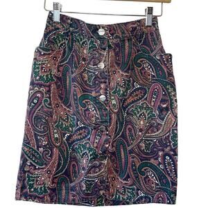 VTG RoughRider by Circle T Purple Paisley Button Up Denim Mini Skirt Size 2